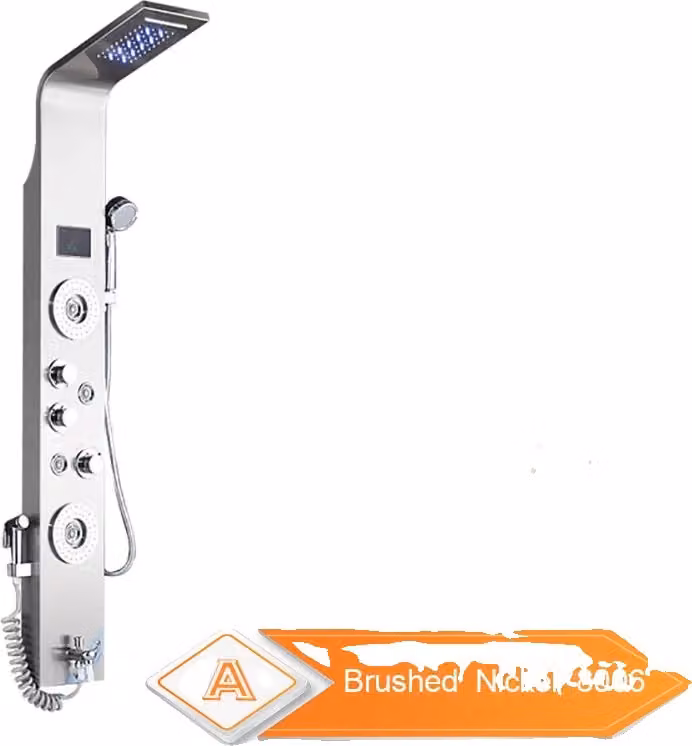 Pannello doccia a LED con luce, funzione pioggia, display digitale della temperatura, nichel spazzolato 8006