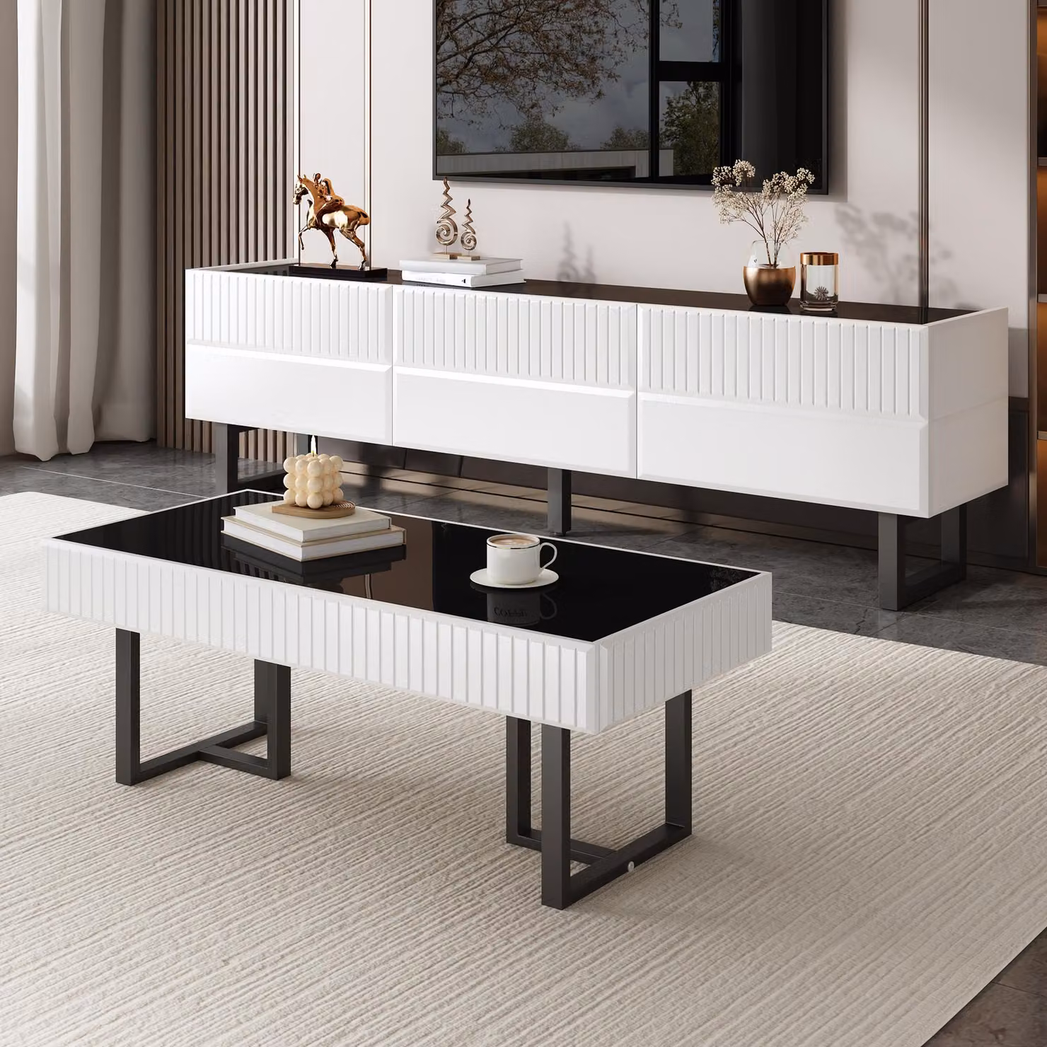 MODFU Tavolino classico Tavolino con robusta struttura in ferro, tavolo da divano in bianco e neroTavolo da salotto con piano nero lucido