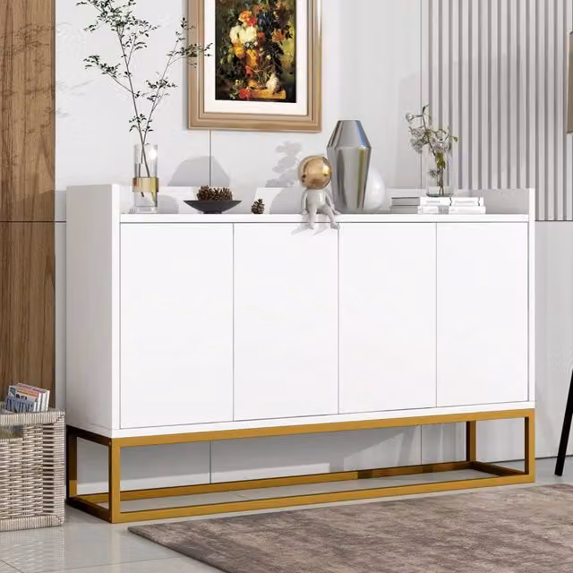 Credenza moderna Zephmum bianca con 4 ante senza maniglie per soggiorno e cucina L/P/H: 160 x 40 x 80 cm