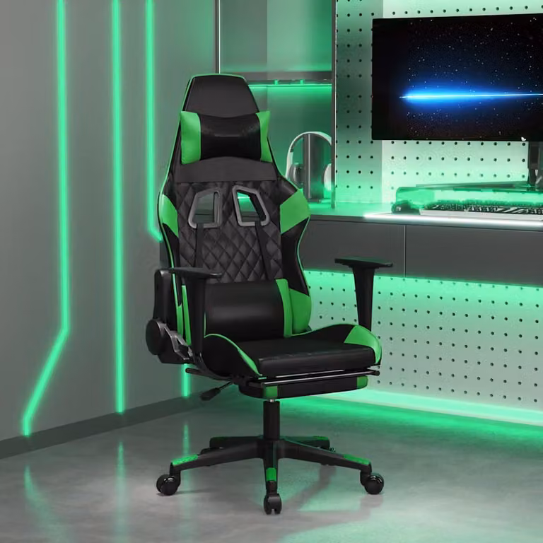 Sedia da Gaming vidaXL con Massaggio e Poggiapiedi, Rivestimento in Similpelle Nero e Verde, Ruote e Braccioli