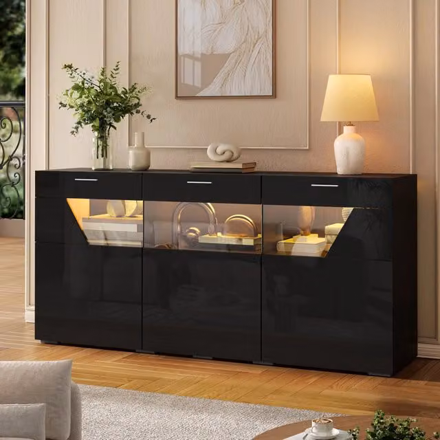 Credenza con vetrina; 3 ante vetrate; ampio spazio contenitore chiuso; per la casa moderna; mobile salvaspazio; pannello truciolare