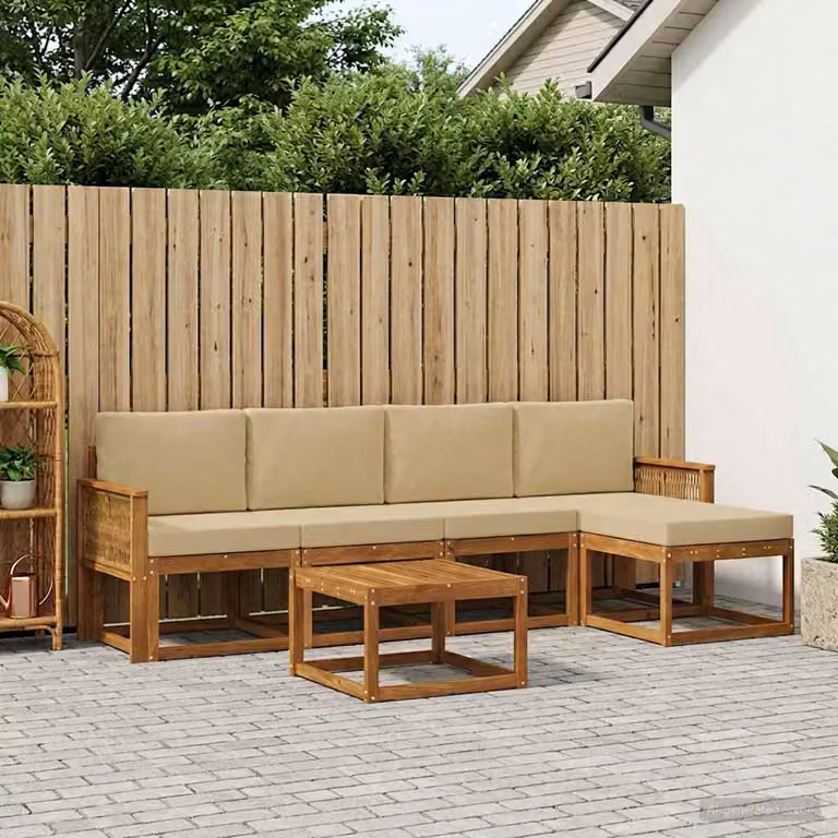 Set di divani da esterno vidaXL a forma di L composto da 6 pezzi in legno di acacia con cuscini beige e marrone per giardino e terrazza