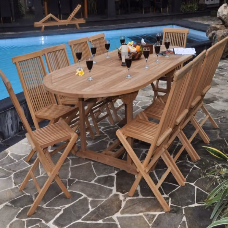 Sitzgruppe Teak 8 Klappstühle Alessandria + Ausziehtisch Parma 180-240 x100cm
