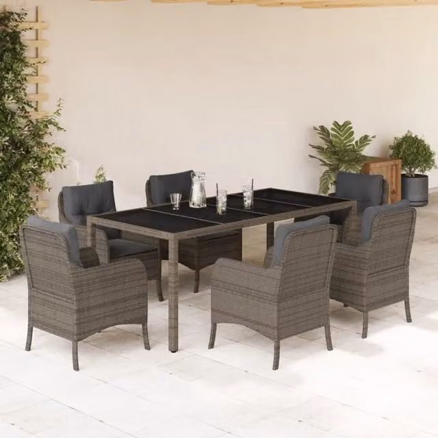 Set da pranzo da giardino vidaXL in polyrattan grigio con cuscini e tavolo in vetro, 7 pezzi