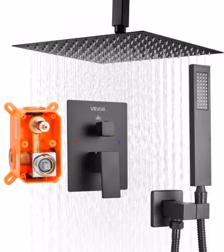 Sistema Doccia a Pioggia VEVOR con Soffione Quadrato 254 mm e Doccetta, Set Rubinetti a Soffitto in Ottone, Nero Opaco