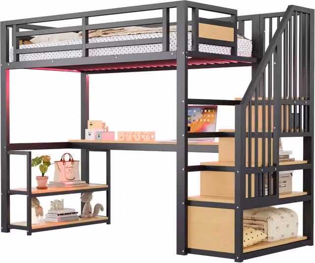 Letto a soppalco 90x200 cm con scrivania; ripiani e scala contenitore in metallo nero