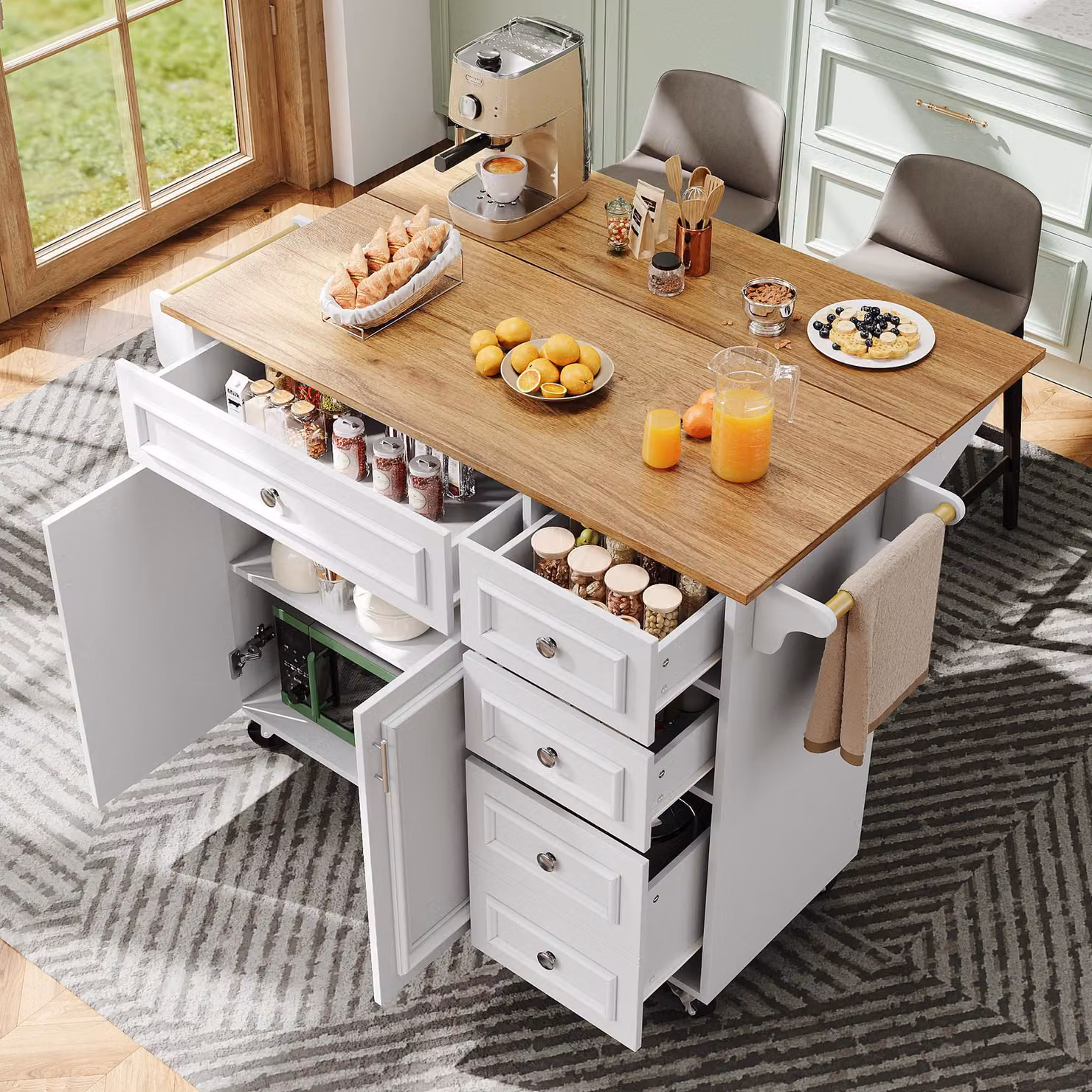 okwish Mobile da cucina come carrello di servizio estraibile, isola da cucina con spazio di archiviazione e motivo vintage, mobile da pranzo multifunzionale con 5 cassetti, bianco