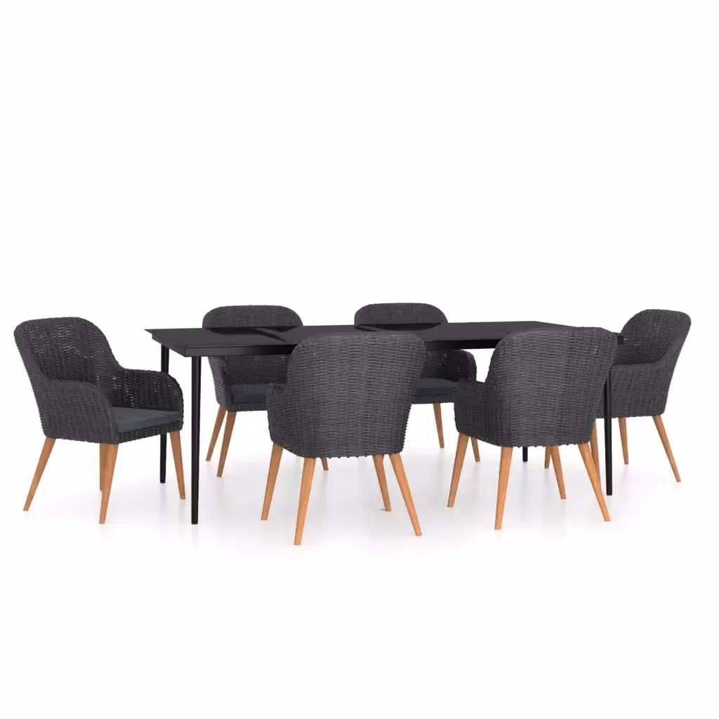 Set da pranzo da giardino vidaXL in rattan e legno di acacia con piano in vetro, 7 pezzi, nero e grigio – 2
