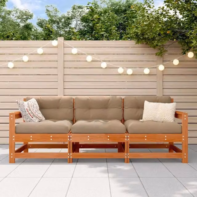 Salotto da Giardino Componibile a L con Divano 3 Posti e Angolare in Legno di Pino, Colore Marrone e Beige, Design Moderno con Cuscini Inclusi