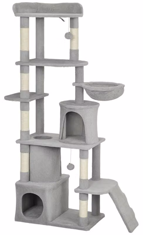 Moonbite Katzentraum, struttura per gatti di 170 cm, con area giochi che include un tunnel, un'amaca, una scala, 2 nascondigli, protezione anticaduta, adatta per 1-3 gatti, realizzata in poliestere, colore grigio chiaro