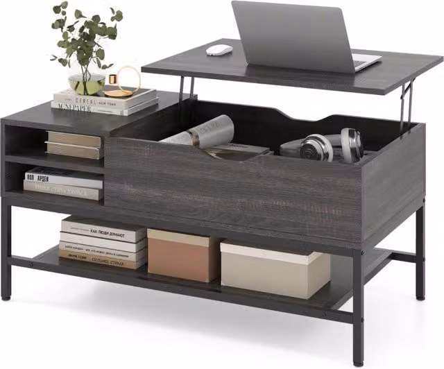 Tavolino da caffè moderno DESIGN IN con piano sollevabile e scomparto nascosto, in legno e metallo, Grigio