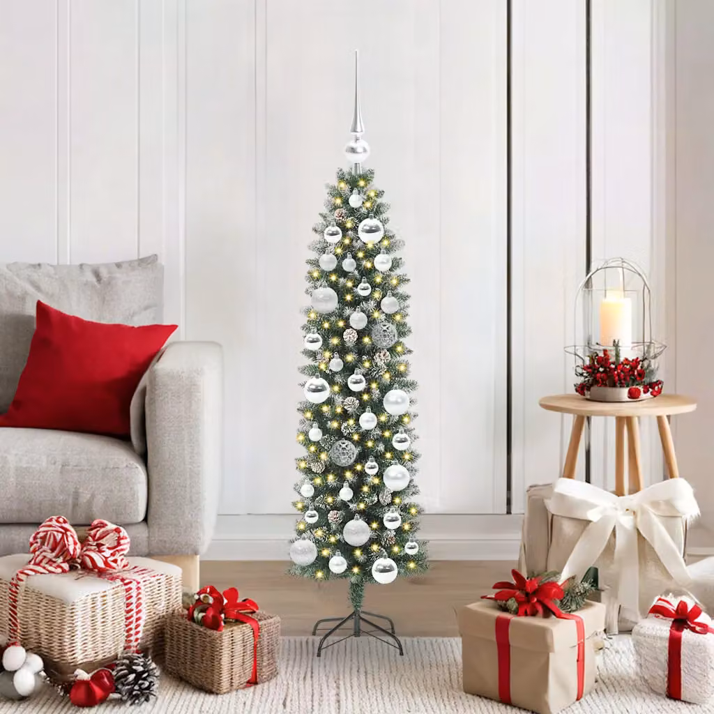Albero di Natale artificiale sottile vidaXL moderno con LED bianco caldo, colori verde e bianco, in PVC e metallo, Altezza: 120 cm