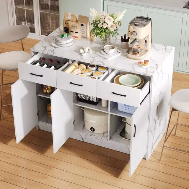 Isola da cucina in MDF con 3 cassetti; 3 ante e area bar; 120 x 60 x 90;5 cm; bianco marmo