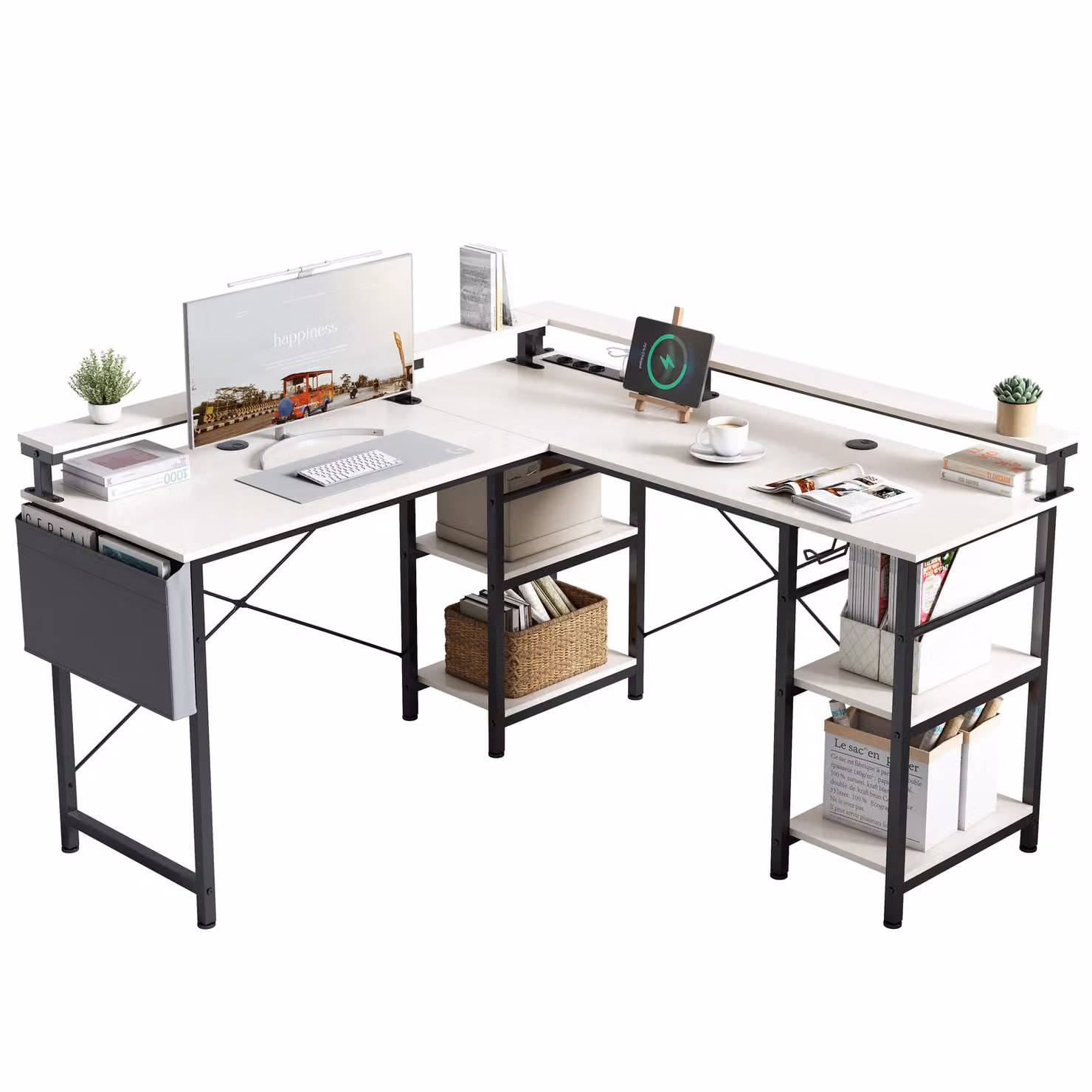 AIORBER Scrivania a L, 140x140x85 cm, scrivania angolare reversibile per computer con presa di corrente e striscia LED, scrivania per computer da gioco, bianco