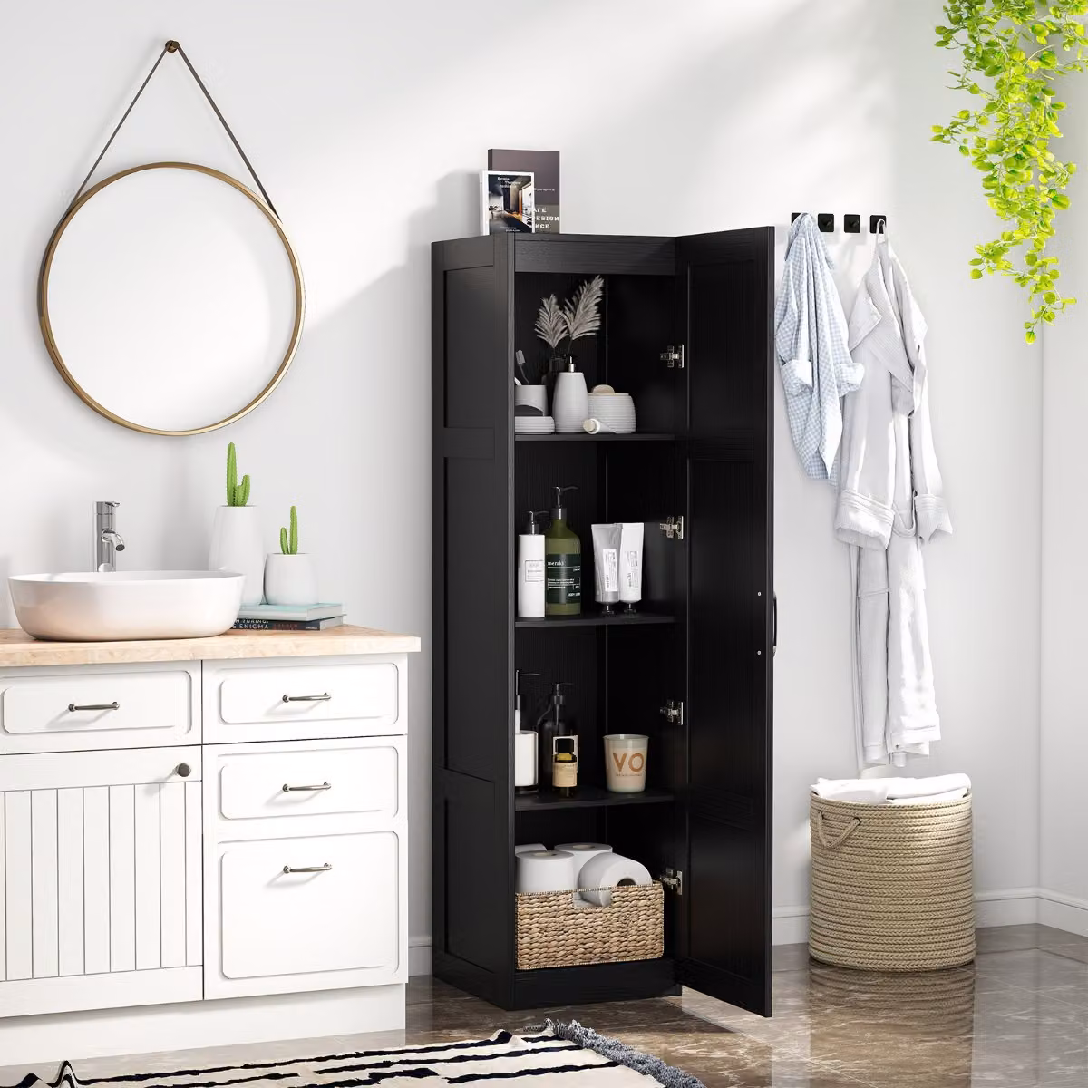 Costway Mobile da terra indipendente con 4 ripiani e ante, Credenza moderna in MDF per cucina, soggiorno o bagno, Nero, L: 150 cm, P: 40 cm, H: 37,5 cm
