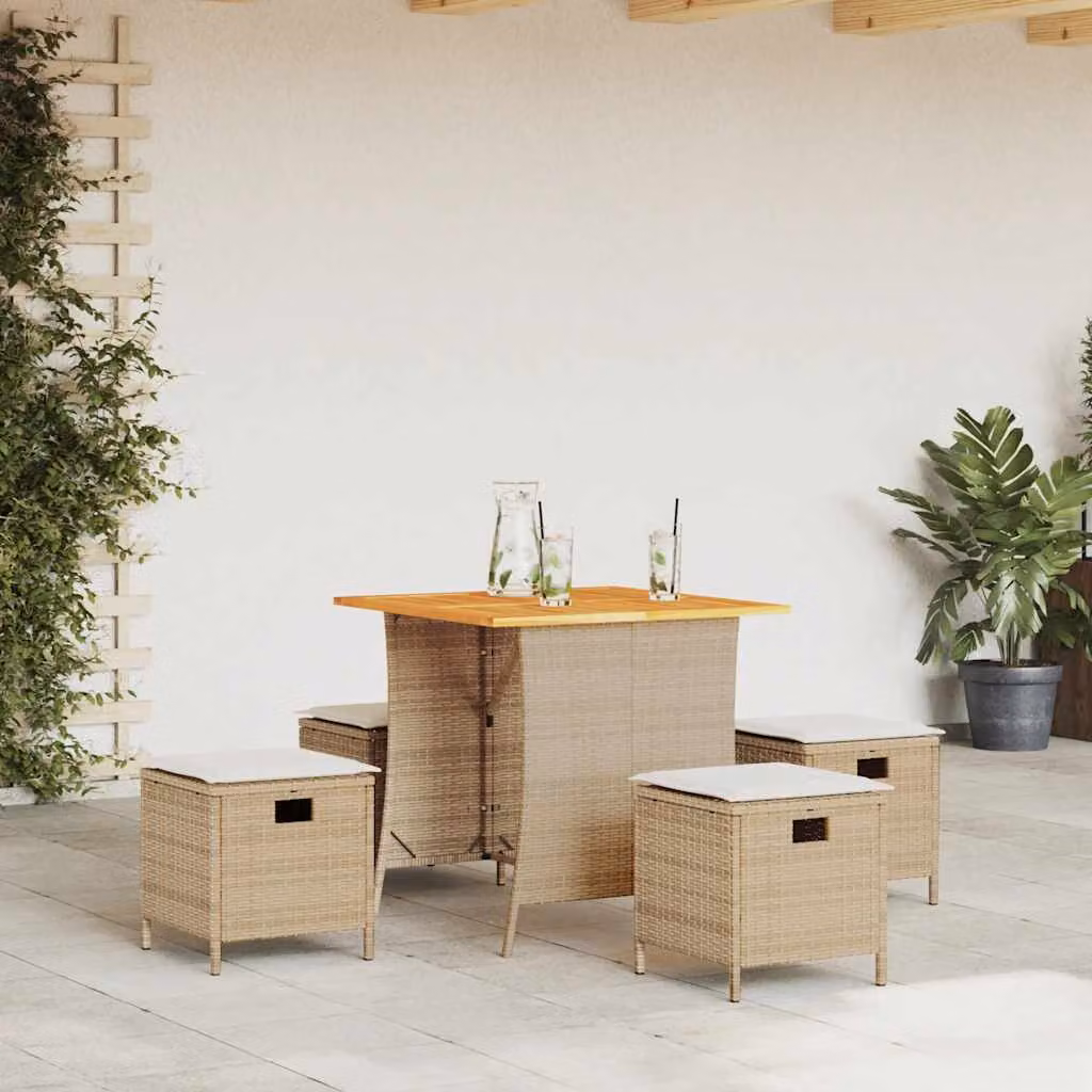 Set da pranzo da giardino vidaXL in polyrattan e legno di acacia con 5 pezzi e cuscini beige e bianchi