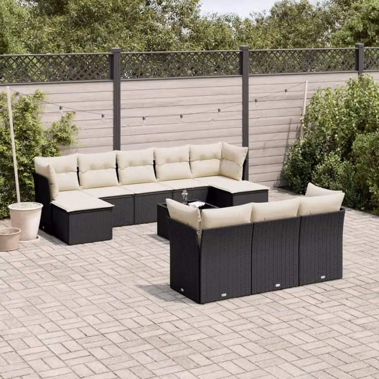 vidaXL Set Divani da Giardino 11 pz in Polyrattan Nero con Cuscini e Tavolino da Esterno
