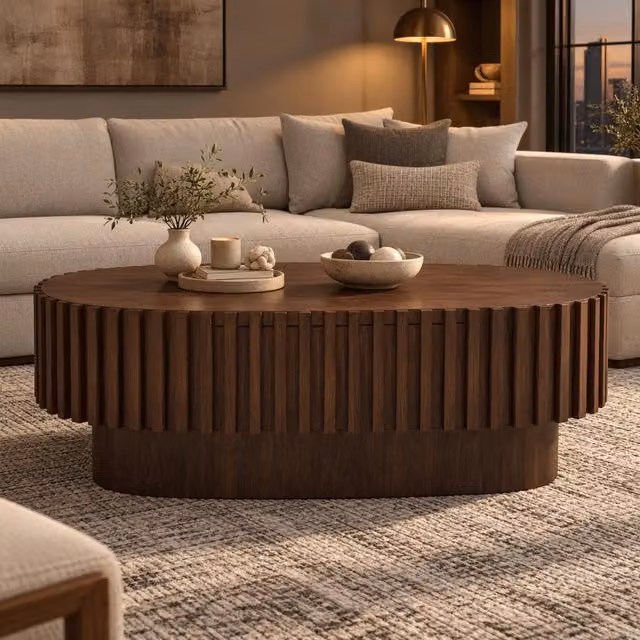Desviae Tavolino basso ovale con cassetto in MDF effetto noce, base stabile e angoli arrotondati 100 × 50 × 35,5 cm
