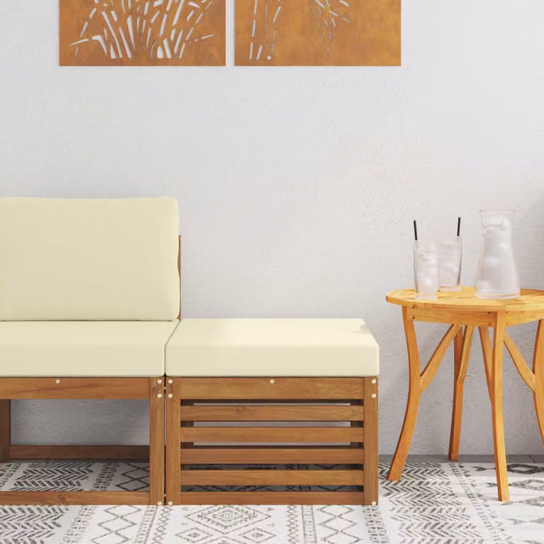vidaXL Poggiapiedi da Esterno in Legno di Acacia con Cuscini Beige e Marrone L: 59 cm, P: 37 cm, H: 37 cm