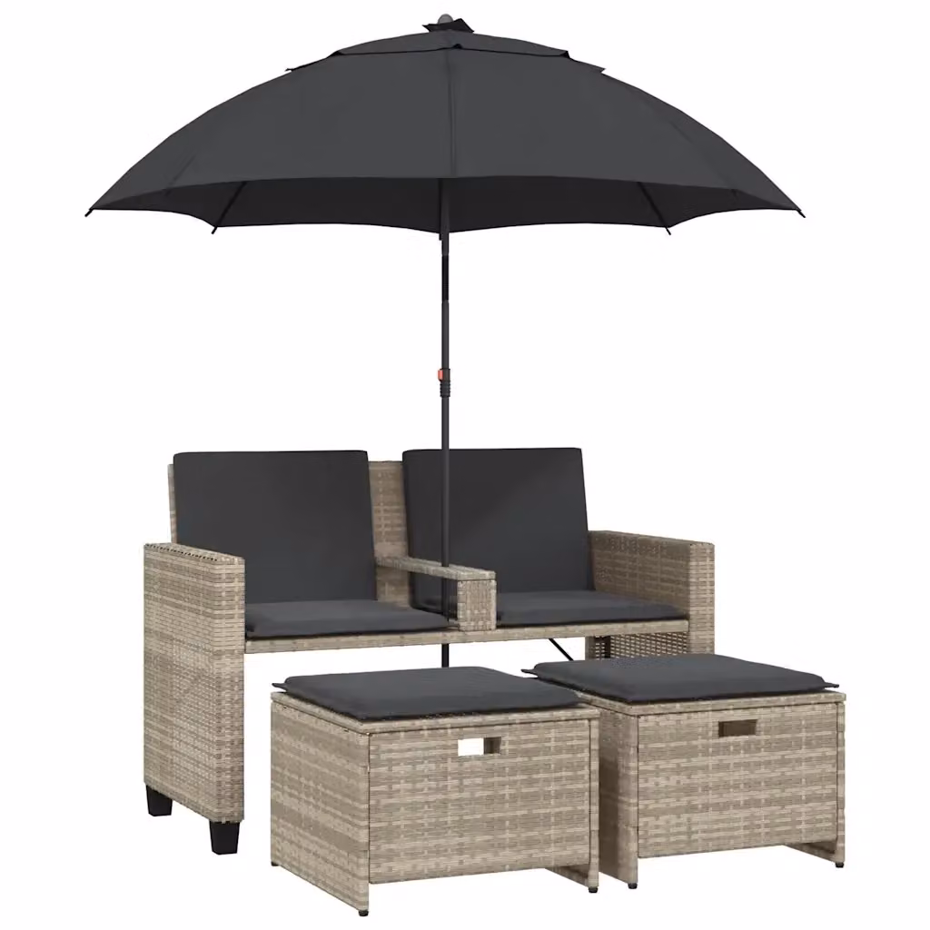 Set da giardino moderno vidaXL con divano a 2 posti, sgabello coordinato e ombrellone in rattan e metallo, colore grigio e nero – 2