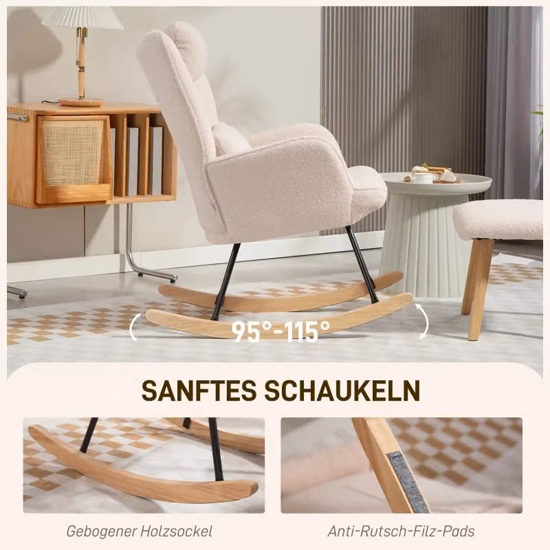 Poltrona a dondolo REDOM con poggiapiedi integrato in tessuto beige e struttura in legno e metallo, L/P/H: 70,5 x 101,5 x 99,5 cm – 2