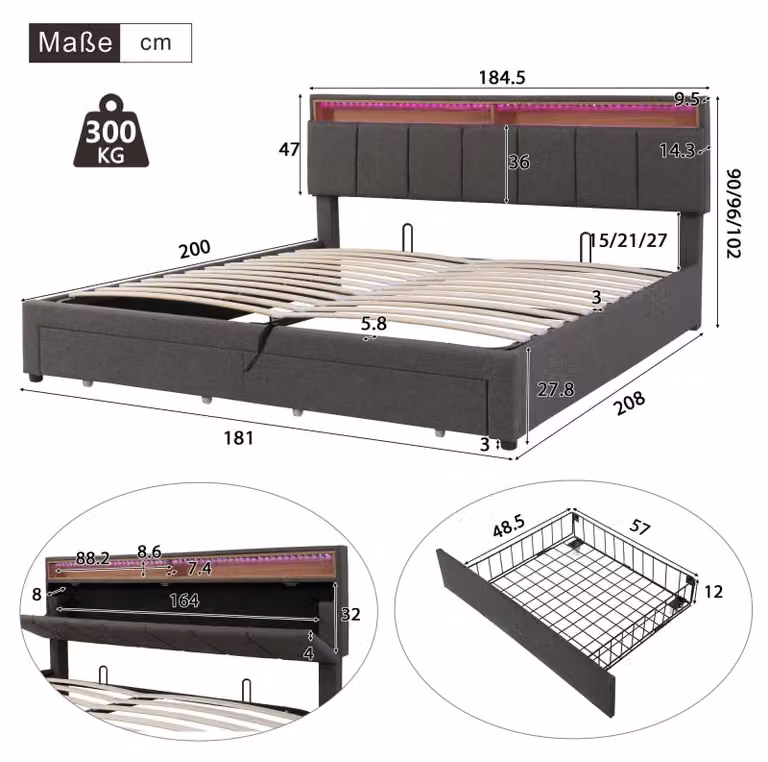Letto matrimoniale 180x200 cm - Letto imbottito con spazio contenitore - Contenitore a sollevamento idraulico - 2 cassetti - Illuminazione LED - Tessuto di lino grigio