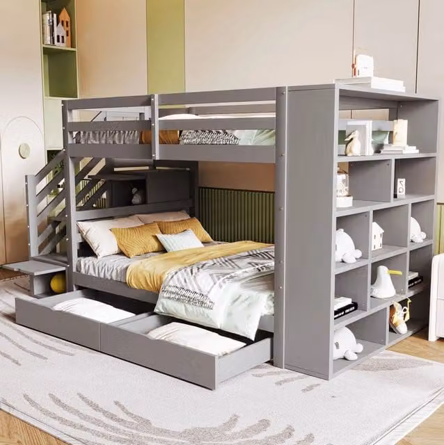 Letto a castello 90x200 cm grigio in legno di pino con scale contenitore, senza materasso