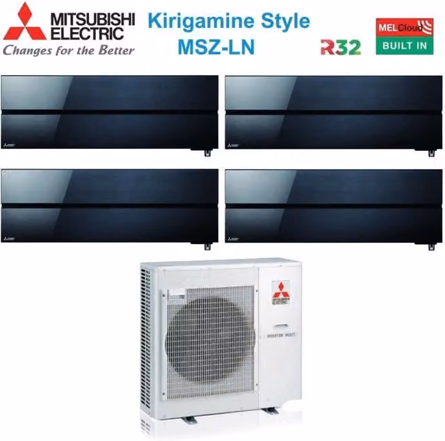 Climatizzatore Condizionatore Mitsubishi Electric Quadri Split Inverter serie Kirigamine Style MSZ-LN 9+9+12+12 con MXZ-4F80VF Colore Onyx Black con Wi-Fi Integrato