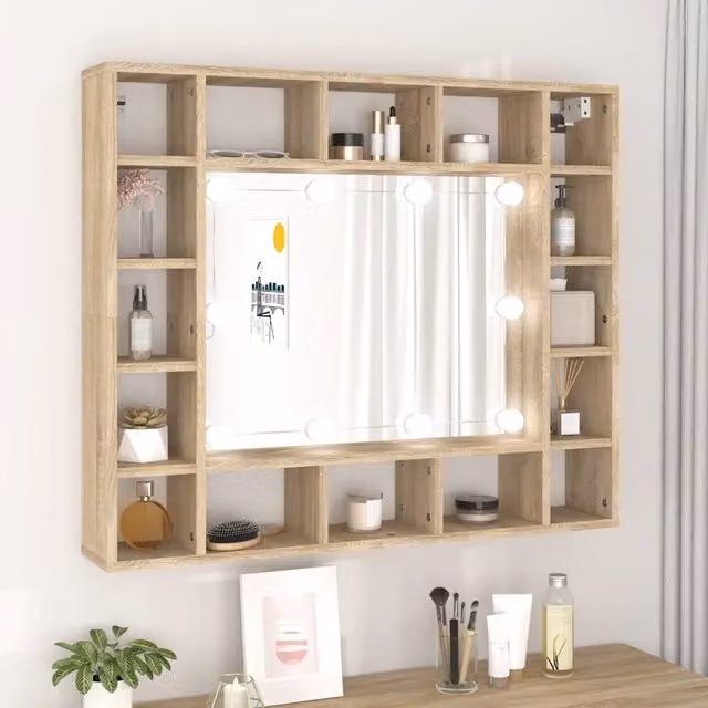 Mobile a Specchio con LED-Armadietto a Specchio Rovere Sonoma 91x15x76,5 cm