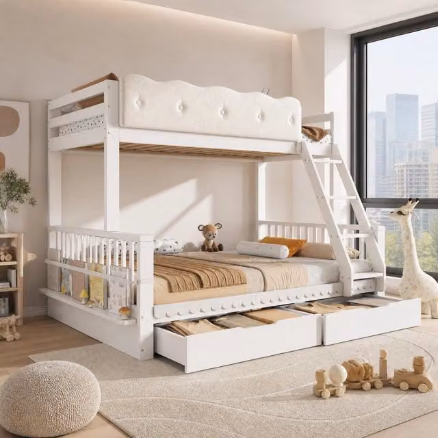 Letto a castello famigliare in legno bianco 90x200/140x200 cm con cassetti e porta riviste, senza materasso