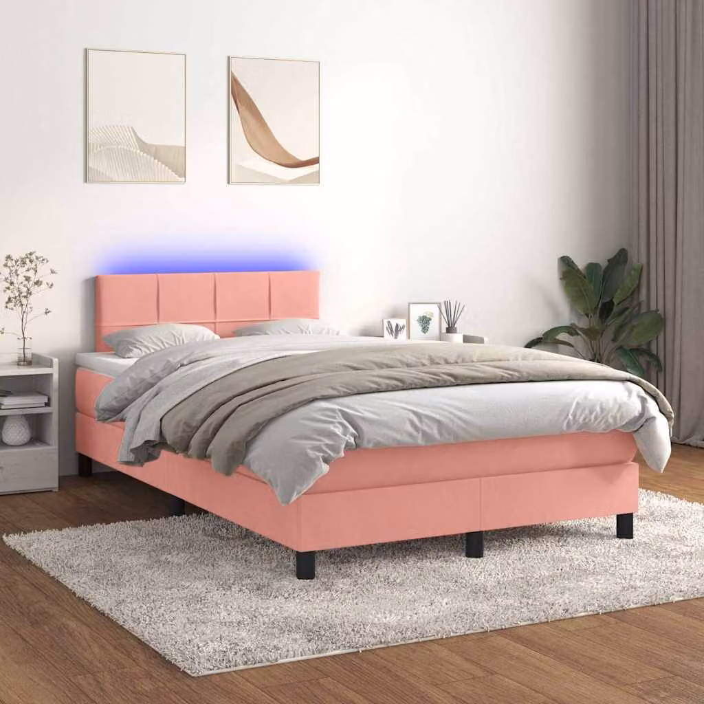 Letto a Molle con Materasso e LED vidaXL in Velluto Rosa e Bianco, L/P: 120 x 200 cm – 1