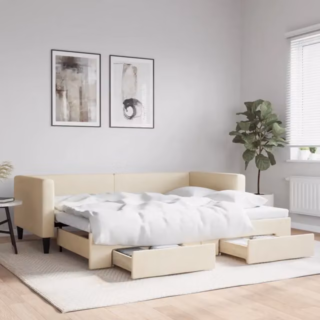 Divano Letto Estraibile con Cassetti vidaXL in Tessuto Beige L/P/H: 223 x 90 x 68 cm con Funzione Letto e Imbottitura in Schiuma – 1