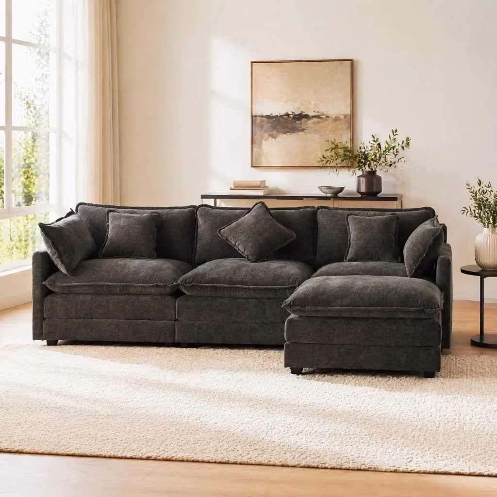 Divano angolare a 3 posti MIVRAY grigio con pouf coordinato e coperture rimovibili, design moderno a L per soggiorno – 2