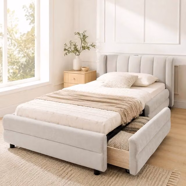 Letto singolo 90x200 cm con cassetti laterali, porta USB integrata e rivestimento in tessuto chenille beige, design ergonomico
