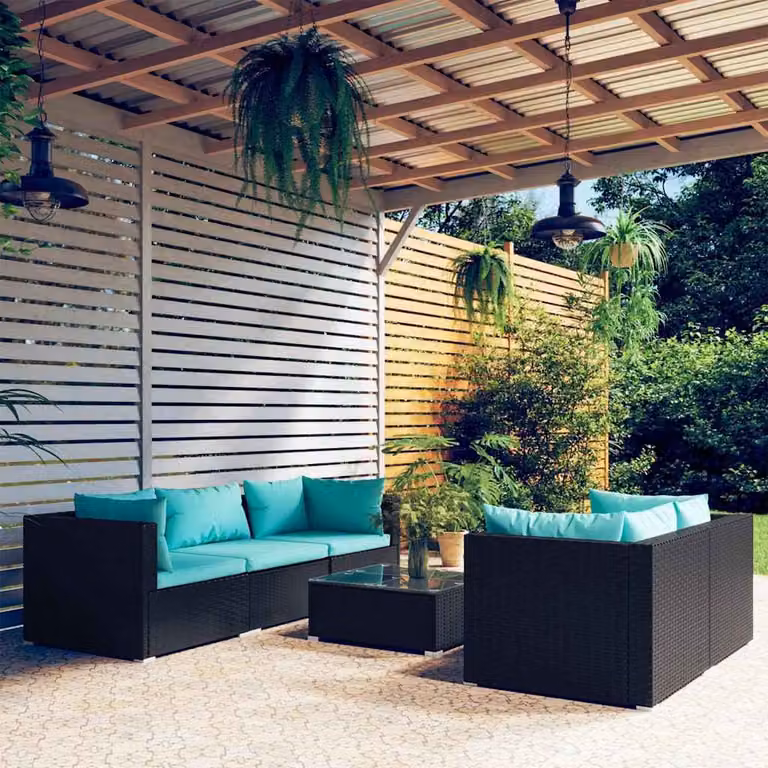 Set da giardino moderno vidaXL a 6 pezzi con divano angolare, tavolino da caffè e cuscini color turchese e nero