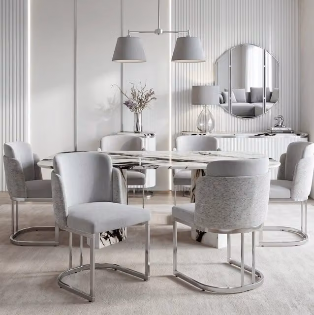Set di 6 sedie da pranzo in ciniglia grigio con gambe metalliche argento