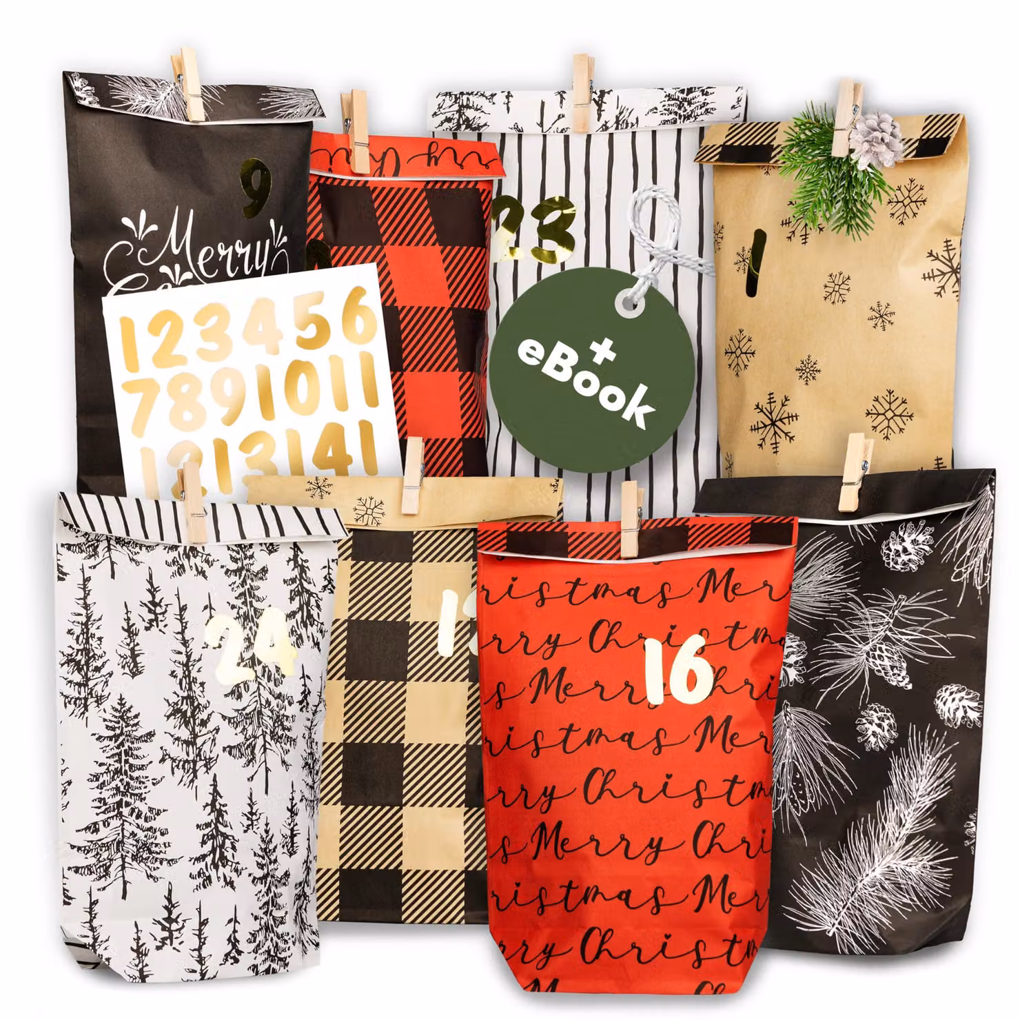 Calendario dell'Avvento da riempire, modello n. 21, a tema festività. Include 24 sacchetti di carta per l'Avvento (con mollette di legno) da decorare per Natale. Sacchetti di carta a tema natalizio