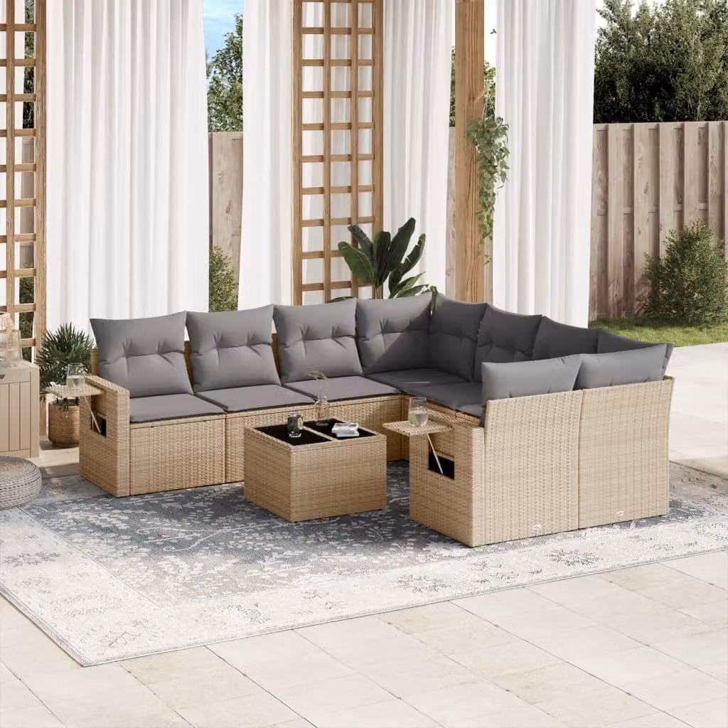 vidaXL Set Divano da Giardino 9 pz in Polyrattan Beige con Cuscini e Tavolino – 1