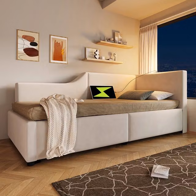 Letto a cassone per bambini - Xylo - 90x200 cm - Beige - Luci notturine e USB-C