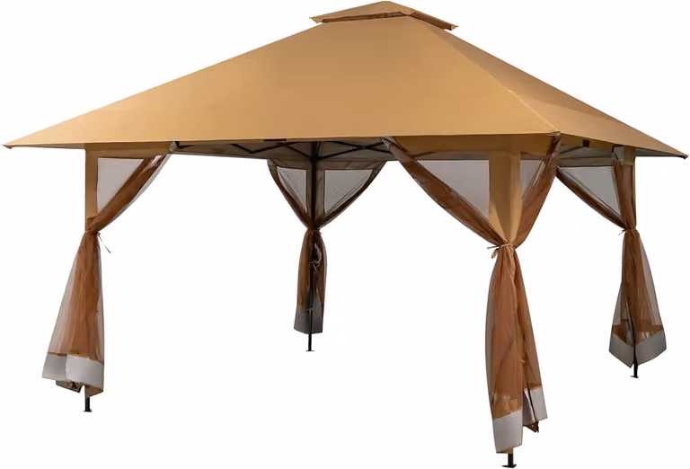 KOMFOTTEU Gazebo da giardino 4 x 4 m, gazebo per feste regolabile in altezza con doppio tetto e pannelli laterali, gazebo pieghevole pop-up per giardino, terrazza, spiaggia, feste, incl. borsa per il trasporto con ruote (marrone)