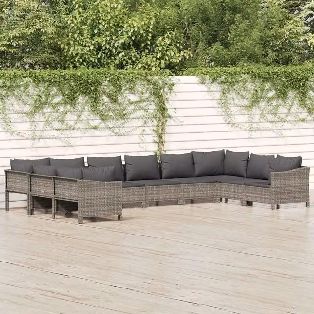 Set Divani da Giardino 10 pz con Cuscini in Polyrattan Grigio 3187306