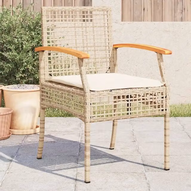 Set di 4 sedie da giardino vidaXL in polyrattan e legno di acacia con cuscini beige e braccioli – 1