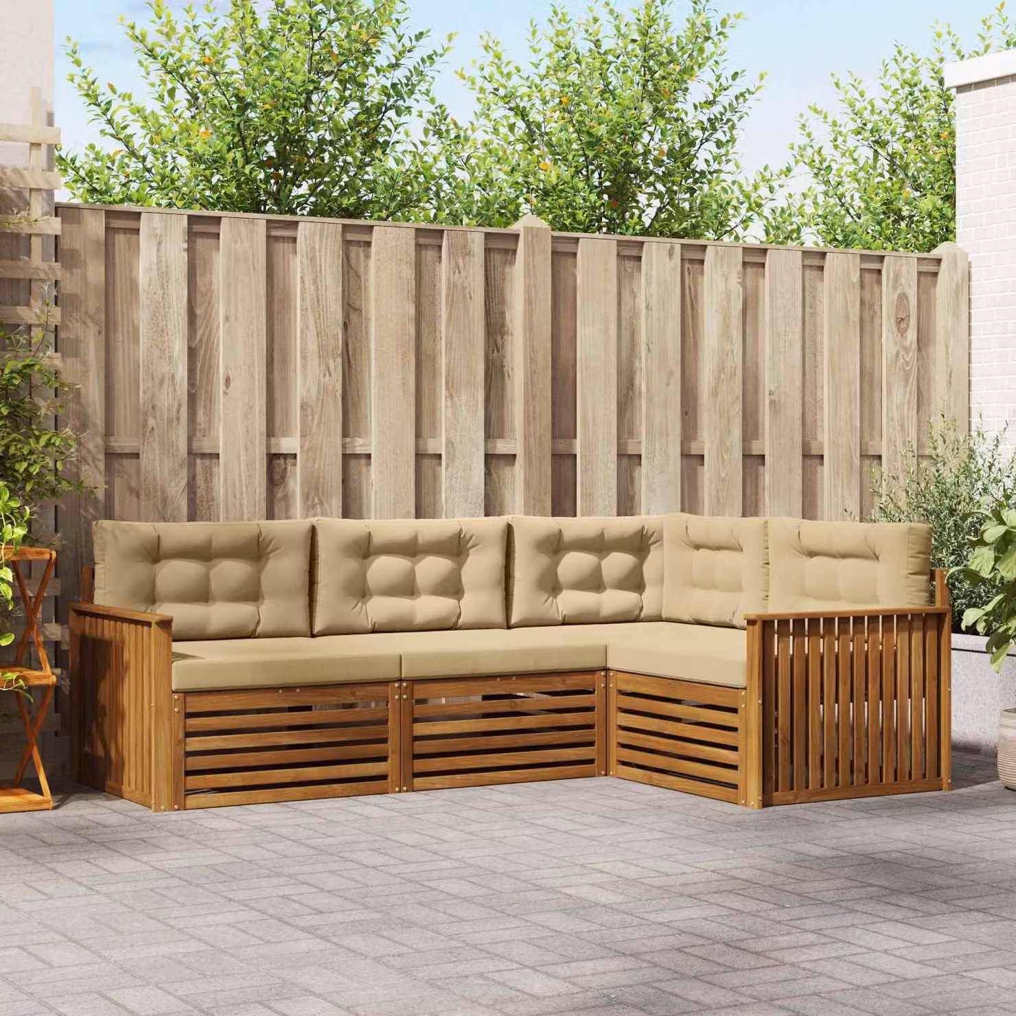 vidaXL Set di divani da esterno 4 pz in legno di acacia con cuscini, beige e marrone