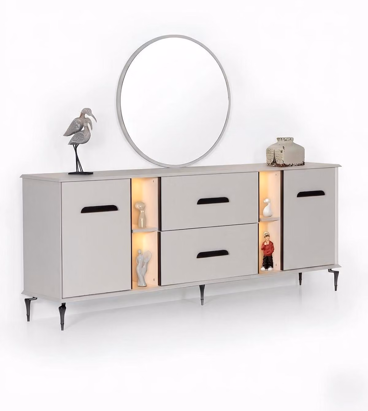 Credenza beige, comoda, moderna, spaziosa, con illuminazione, dal design elegante