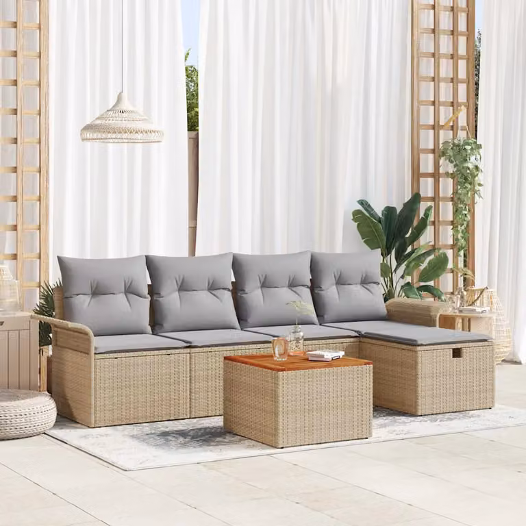 Set Divano da Giardino a L vidaXL 6 pz Beige con Cuscini e Tavolino in Rattan e Metallo