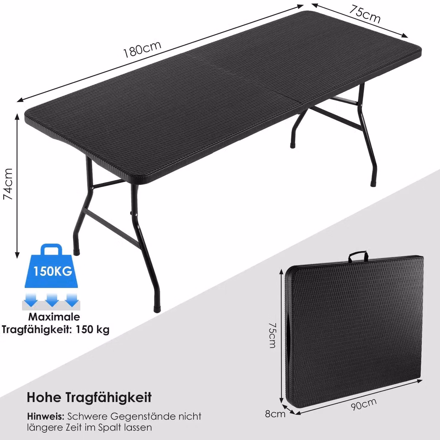 Tavolo pieghevole da giardino - Tavolo per esterni - 180 × 76 × 74 cm - Plastica effetto rattan - Struttura in metallo - Per 8 persone - Nero