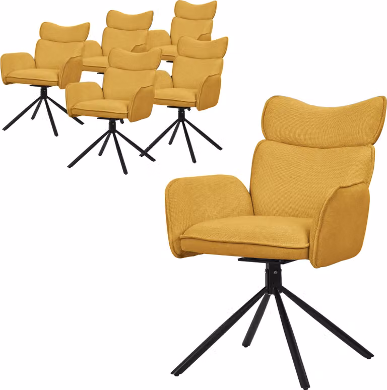 ML-Design set di 6 sedie da sala da pranzo girevoli in tessuto senape sedia da soggiorno con schienale e bracciolo sedia girevole a 360° con gambe in metallo poltrona ergonomica