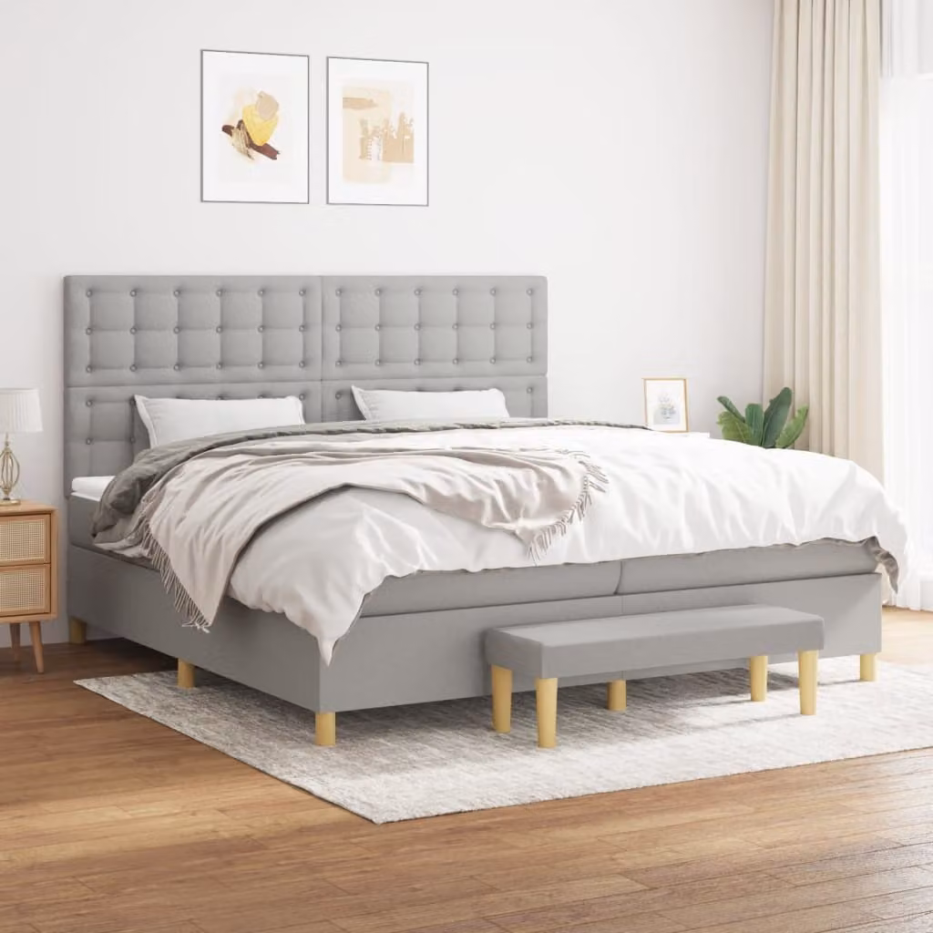 The Living Store Letto a molle con materasso grigio chiaro 200x200 cm in tessuto