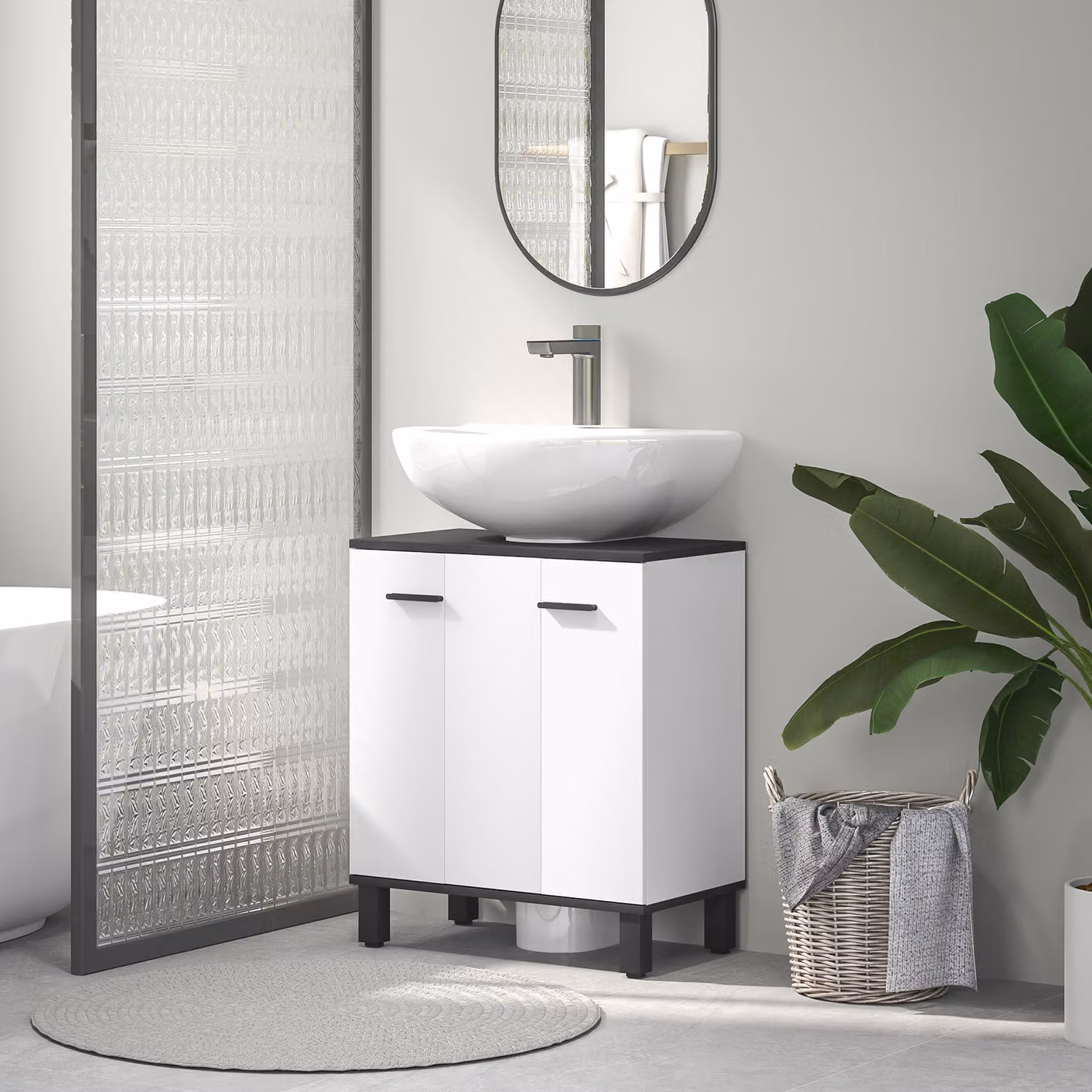 Mobile Sotto Lavabo HOMCOM con 2 Ante e Ripiano Regolabile, Bianco Lucido, L 60 x P 34 x H 70 cm – 2
