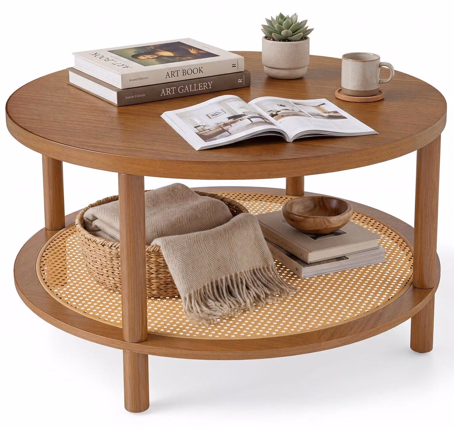 COSTWAY, tavolino da caffè rotondo, diametro 80 cm, tavolino per soggiorno in legno con piano in vetro e ripiano in rattan PE, tavolino, tavolino di servizio, tavolino da tè con gambe in legno, tavolino da divano